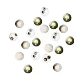 Spherical wall lights, glass and acrylic, arranged in an asymmetrical constellation with clear, green, and white translucent shades and recessed warm lighting.