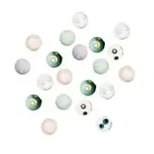 Glass beads in circular arrangement, translucent pale green, white, peach tones, marbled inclusions, glossy finish, central holes, white background.