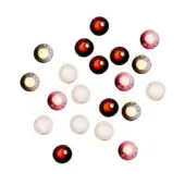 Spherical glass light fixtures in amber, burgundy, and white arranged in a starburst pattern on a white background, emitting a warm glow.