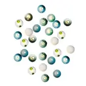 Spherical wall lights, blue, green, and white, arranged radially with glossy finish and central yellow apertures on white background.