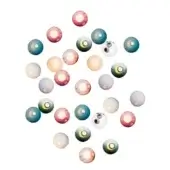 Spherical light fixtures, muted blue-green-pink tones, radial arrangement with circular apertures, glossy and matte finishes, modular system.