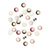 Blown glass sphere lights in clear, white, pink, amber & gray arranged circularly, illuminated with internal accents, studio lighting.