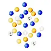 Glass marbles in blue, yellow, and white tones are randomly arranged on a white surface, exhibiting translucent orange and green-dotted variations.