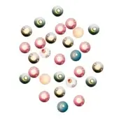 Spherical pendant lights in teal, pink, gold, and cream arranged in a circular pattern on a white background, featuring textured and glossy finishes.