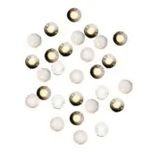Contemporary ceiling light, clear and white glass spheres, diamond arrangement, brushed brass hardware, recessed warm light.