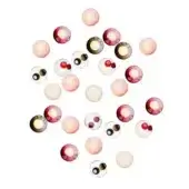 Spherical light fixtures in pink, burgundy, gray & clear arranged in a circular pattern against a white backdrop, translucent material.