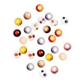 Glass orbs in amber, burgundy, pink, gray & purple arranged radially on white, featuring inner spheres & speckled translucent layers.