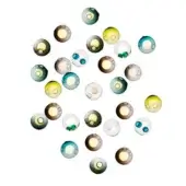 Wall lights, blown glass shades, radial arrangement of teal, olive, amber, yellow & clear orbs on metallic circular plates, studio lighting.