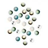 Spherical light fixtures, teal, white, and gold, arranged in a diamond pattern against a white background with metallic accents.