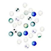 Glass sphere light fixtures in blue, green, white & gray arranged in a circular pattern on a white background.
