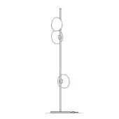 Floor lamp black line drawing, minimalist design, rectangular base, three shades, white upper shade, height 73.3 inches, technical illustration.