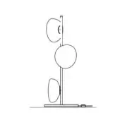 Floor lamp line drawing, white minimalist design, slender stem with three circular shades and rectangular base, technical schematic.