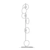 Floor lamp black line drawing, slender pole with seven asymmetrical shades, rectangular base, product code 73.6.