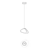 Pendant light, white line drawing, square mount with thin rod connecting to concave, organic shade and circular outlet below.