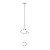 Pendant light, white metal, minimalist design with a single cable and organic, linear shade, displaying product code “73.1”.