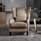 Elegant DV Home Collection Windsor lounge chair with light beige leather upholstery and Cacao Walnut finished solid wood feet