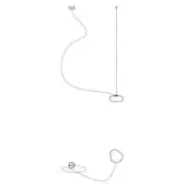 Pendant light technical drawing, linear style, with rectangular mount, curved cable, and oval shade, showing component breakdown diagram.