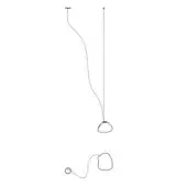 Pendant light fixture, white line drawing, circular mount with curved and straight cables supporting an oval shade, disassembled components shown below.