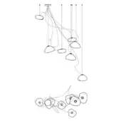 Chandelier line drawing, black cords, oval light fixtures, cascading arrangement, asymmetrical design, white background, modern lighting.