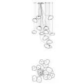 Chandelier line drawing, metal wire, asymmetrical tiers of flattened pebble shapes cascade from a central circular mounting plate on white.