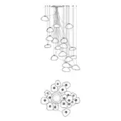 Chandelier technical drawing, linear design, pebble-like fixtures, rectangular mount, cascading arrangement, white background.