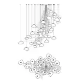 Chandelier technical drawing, white fixtures, black wires, rectangular mount, dense organic cluster, detailed line art, contemporary sculptural design.