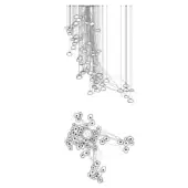 Chandelier technical drawing, black lines, multi-tiered design with spherical and oval fixtures suspended by cables on white background.