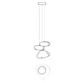 Pendant light, line drawing, three stacked stone-like forms suspended from a square ceiling mount, white background.
