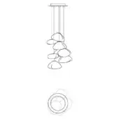Pendant light fixture, linear cables, stacked stone forms, cascading arrangement, technical drawing, white background.