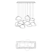 Chandelier with rectangular plate, thin cables, and clustered translucent rounded forms resembling stones, shown in a technical drawing.