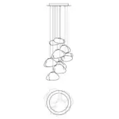 Chandelier, metal line drawing, multi-tiered with cascading pebble-like forms suspended from a rectangular ceiling mount, circular base.