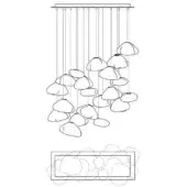 Chandelier line drawing, translucent stone forms, suspended from cables, asymmetrical design above sketched rectangular base.