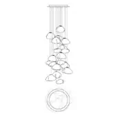 Chandelier technical drawing, black line, rectangular plate with descending cables supporting rounded pebble-like forms in a circular arrangement.