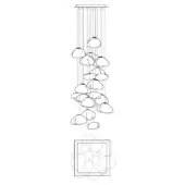 Linear chandelier black and white drawing, vertical wires with pebble-shaped forms clustered in a square frame, cascading design.