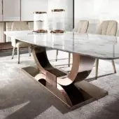 Superior DV Home Collection Heritage table with glossy white and grey marble top and reflective rose-gold stainless steel base