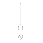 Pendant light fixture, line drawing, white background, two organic forms connected by a cord, minimalist modern design.