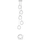 Chandelier, metal line drawing, rectangular mount with six oval fixtures and floral base, minimalist design on white background.
