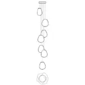 Chandelier line drawing, white background, rectangular mount with cascading pebble-shaped forms and floral detail, labeled "73.7v".