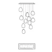 Chandelier with clear glass shades suspended by cables from a rectangular plate, featuring a wooden base with circular cutouts.