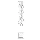 Linear chandelier technical drawing, white background, cascading translucent oval fixtures, minimalist design, schematic diagram below.