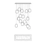 Chandelier with translucent pebble-like fixtures suspended from a horizontal bar, shown as a technical drawing with inset detail view.