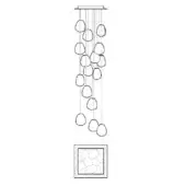 Chandelier line drawing, black on white, square form with cascading oval glass elements of varying sizes, tiered design, technical illustration.