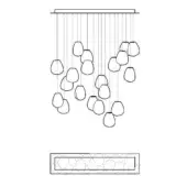 Chandelier line drawing, black and white, rectangular plate with staggered oval fixtures, cascading vertical cords, minimalist modern design.