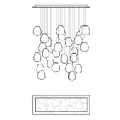 Chandelier line drawing, slender cords with oval translucent shades, cascading arrangement, rectangular mounting plate, monochromatic view.