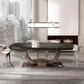 Elegant DV Home Collection Heritage table with cacao walnut veneer wood and curved, lighter tone supports in glossy finish
