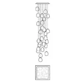 Linear chandelier with oval glass elements suspended from a metal bar, featuring a textured stone base and minimalist design.