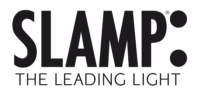 Dark block lettering spelling “SLAMP” with trademark symbol over a solid muted green background with smaller text below