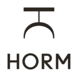 HORM logo with dark brown geometric stool graphic on solid olive-green background, featuring bold sans-serif typography.