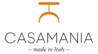 Casamania brand graphic with orange geometric shapes—a bar over a crescent—above the brand name and “– made in Italy –” text on white.