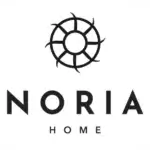 Noria Home logo, circular graphic with black radial lines, bold sans-serif text, minimalist monochrome design on a white background.
